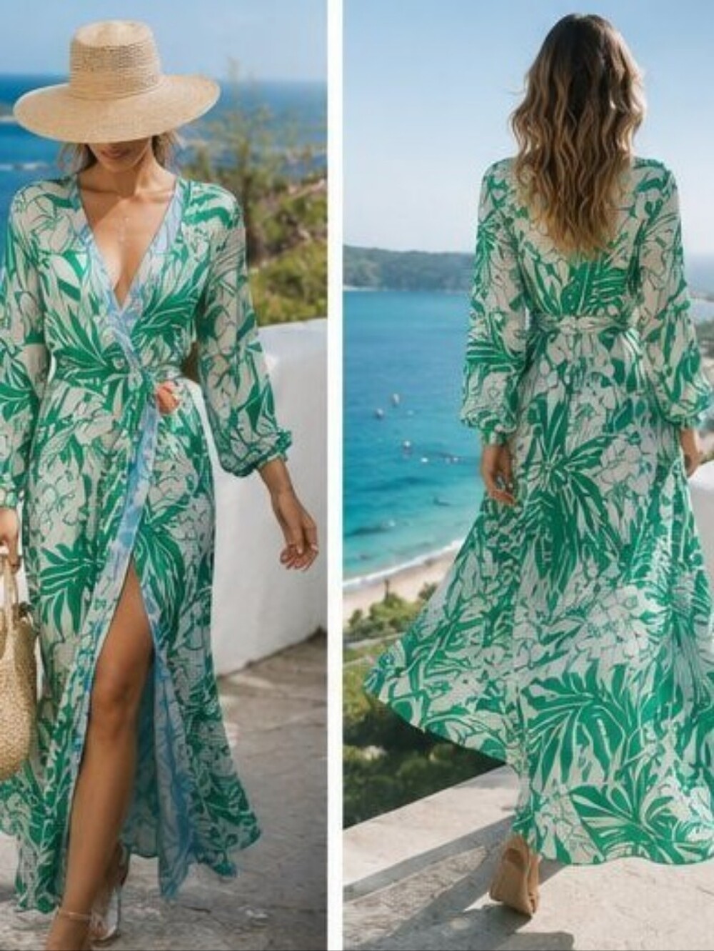 Sheike Tropical Botanical Maxi Wrap Dress Green Blue Long Sleeve Size 8